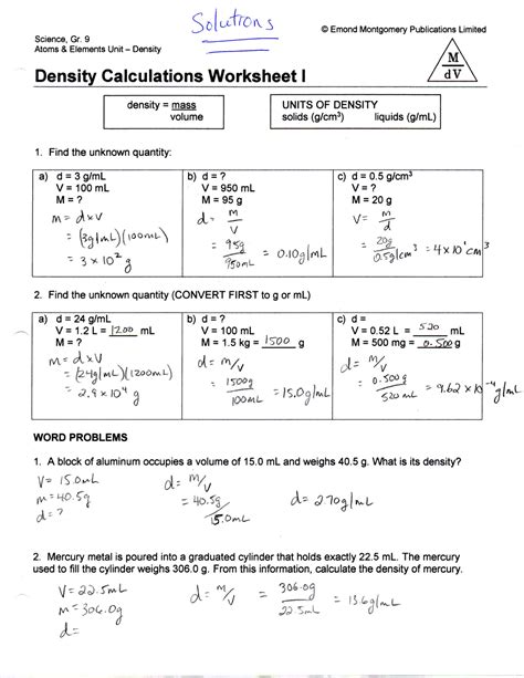 Density calculations worksheet solutions - Studocu