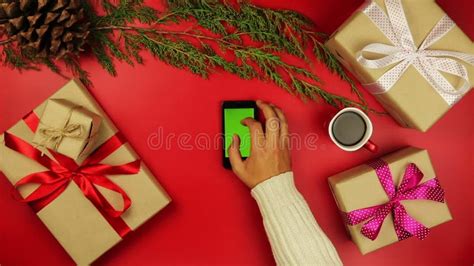 Top View Hands Using Mobile Phone Touchscreen Multi Touch Gestures Green Screen on Christmas ...
