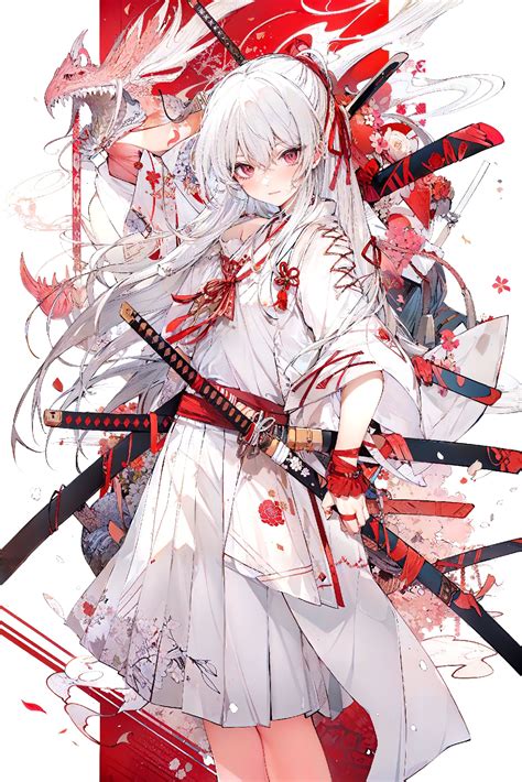 Anime Girl With White Hair And Red Eyes With Sword