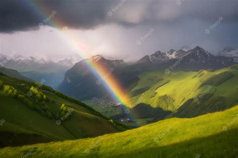 Premium Photo | A rainbow over a mountain landscape with mountains in ...