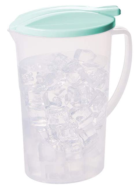 a plastic pitcher filled with ice and mint green lid