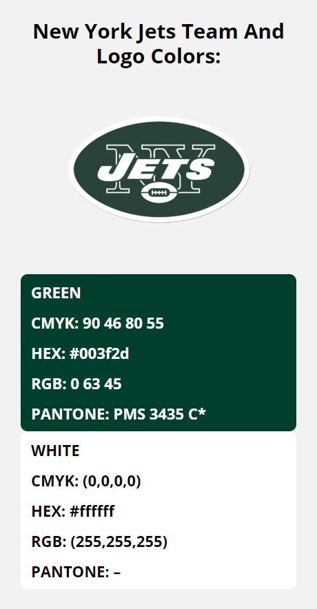 New York Jets Team Colors | HEX, RGB, CMYK, PANTONE COLOR CODES OF ...