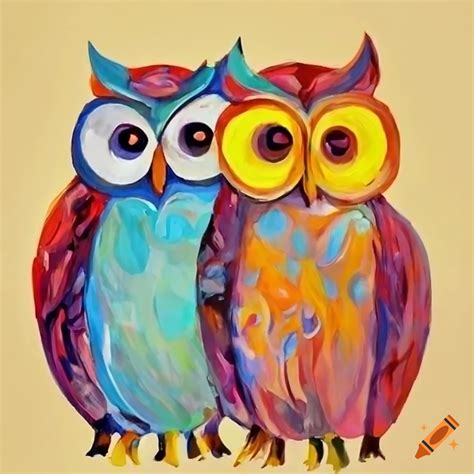 Colorful painting of owl family