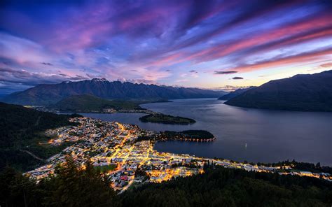 Download Night Town Sunset Mountain Lake Light New Zealand Man Made Queenstown (New Zealand) HD ...