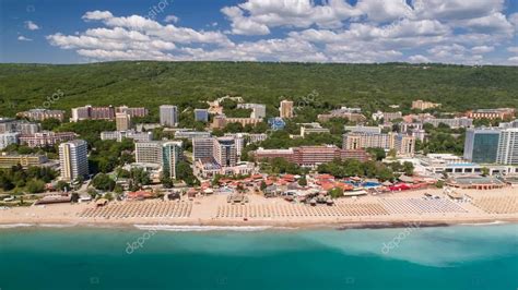 GOLDEN SANDS BEACH, VARNA, BULGARIA - MAY 19, 2017. Aerial view of the ...