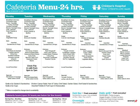 CHNOLA Cafeteria Menu | New Orleans Pediatric Hospital