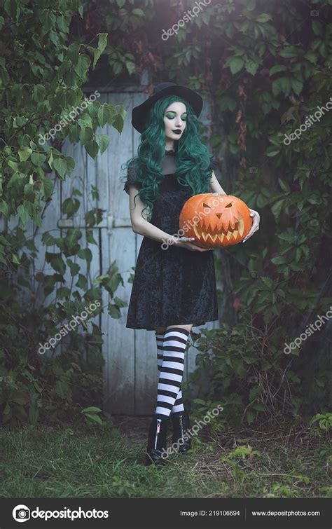 Witch Green Hair Holding Carved Scary Pumpkin Beautiful Young Woman Stock Photo by ©moredix ...