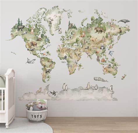 WORLD MAP Wall Decal for Kids, World Map Wall Decal, Wall Decal Animals ...