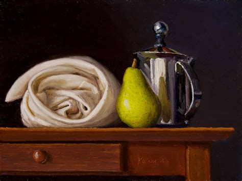 Wang Fine Art: still life with a pear, original still life oil painting contemporary realism a ...