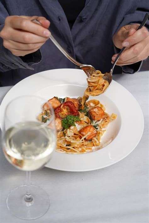 Tagliatelle Pasta with Salmon, Baked Tomato and Parmesan Cheese Stock Image - Image of fresh ...