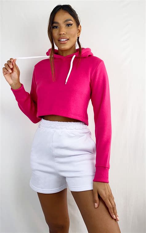 Hot Pink Basic Crop Hoodie | Tops | PrettyLittleThing USA