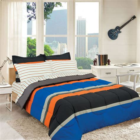 Gray, Orange & Blue Stripes Boys Teen Twin Comforter Set (5 Piece Bed In A Bag) - Walmart.com ...