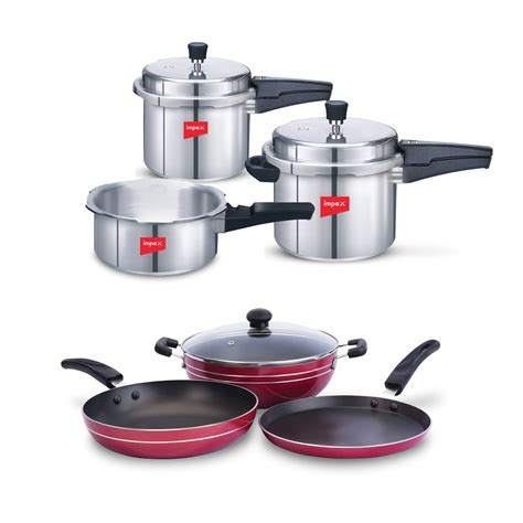 Buy Impex Salt Cookware Family Combo, Set of 2, 3 & 5 Litre Pressure Cooker with Kadai Pan, Fry ...