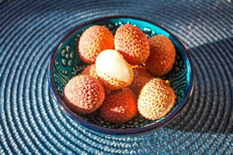 Lychee Fruit on Blue Plate Background, Fresh Ripe Lychee Peeled from Lychee Tree Stock Photo ...