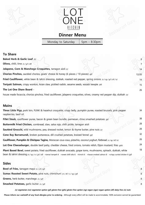 Menu at Lot One Kitchen restaurant, Hillarys