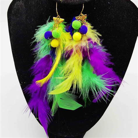 Mardi Gras PGG Feather Earrings w Poms - LegoPartyCraft