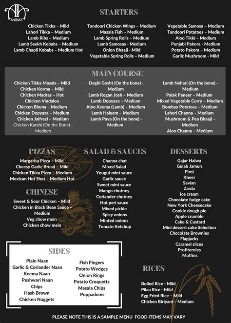 Aneesa's Menus | Aneesas Newcastle Menu