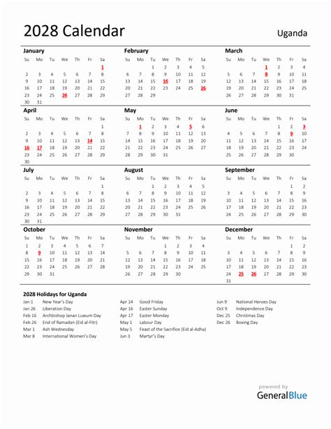 Standard Holiday Calendar for 2028 with Uganda Holidays