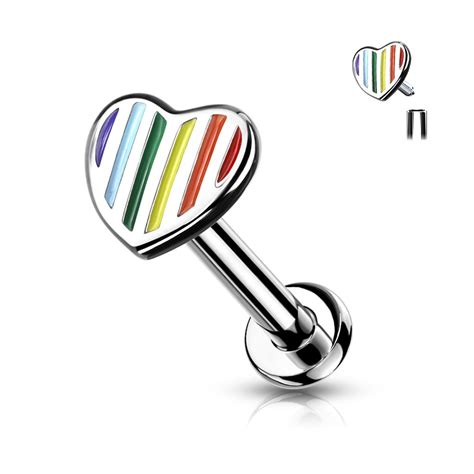 Rainbow Striped Heart Top Internally Threaded 316L Surgical Steel Flat Back Studs for Labret ...