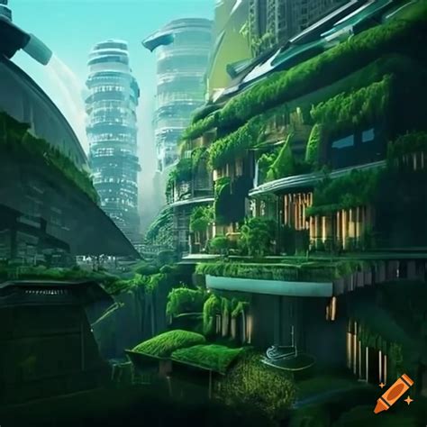 Futuristic city covered in vegetation on Craiyon