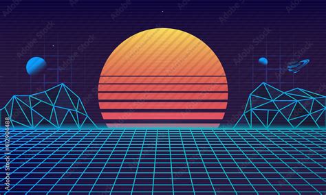 Retro futuristic 80's background. Retrowave background with retro sun, laser grid and cyber ...