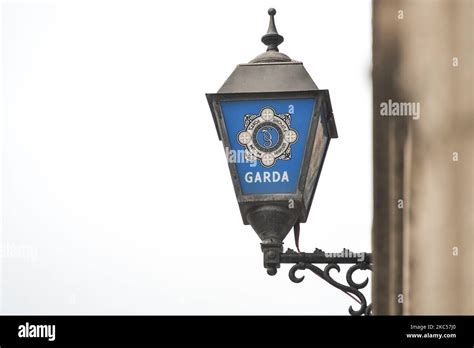 Garda Siochana logo on Pearse Street Garda Station in Dublin center. On ...