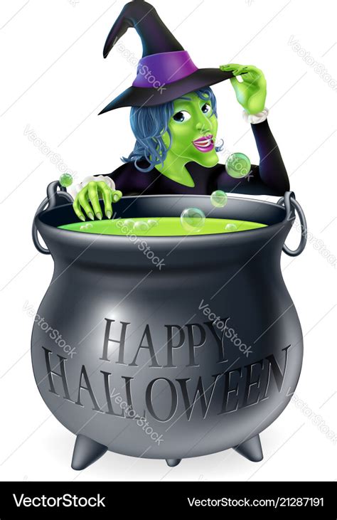 Happy halloween witch and cauldron Royalty Free Vector Image