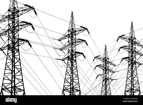 Electricity transmission lines with wires and towers. Black and white line art drawing ...