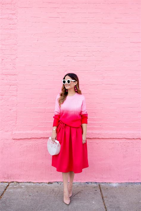 Red Pink Ombre Sweater and Red Midi Skirt | Style Charade