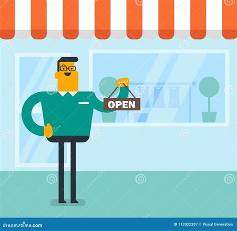 Caucasian White Shop Owner Holding Open Signboard. Stock Vector ...