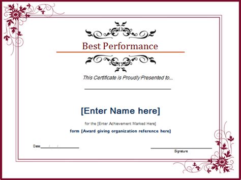 an award certificate is shown in red and white with floral designs on the border,