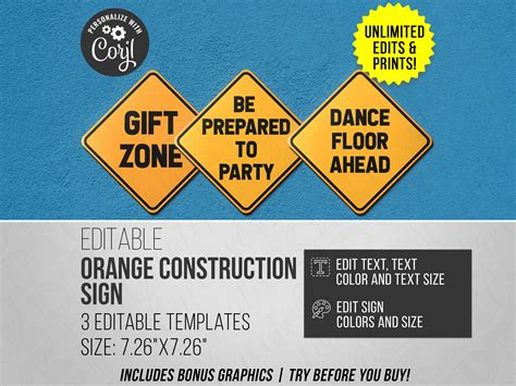 Editable Orange Construction Street Sign 7.26 X 7.26 Inch - Etsy