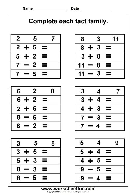 Fact Families Worksheet 1st Grade