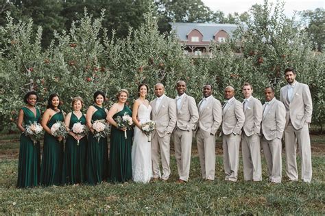 Emerald green bridesmaids dresses, tan tux, September Wedding ...