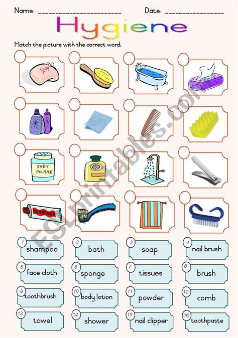 Hygiene - Matching ws - ESL worksheet by Joeyb1