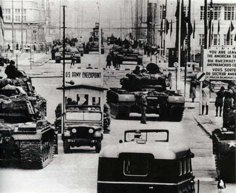 Soviet and American tanks face off at Checkpoint Charlie during the Berlin Crisis, October 1961 ...