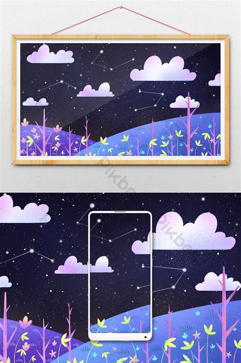 Purple Starry Sky Constellation White Cloud Grass Illustration Background | PSD Illustration ...