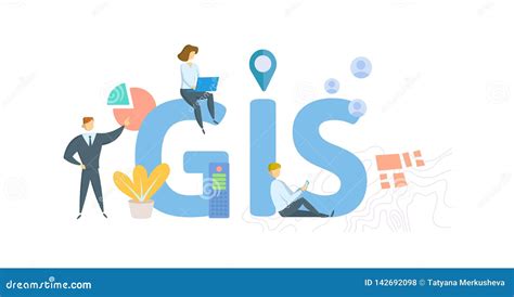 GIS, Geographic Information System. Concept with People, Letters and Icons. Flat Vector ...