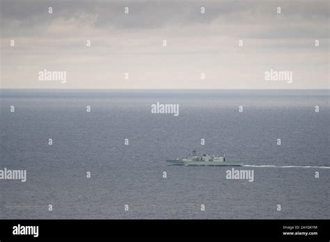 Aerial view of Halifax-class frigate HMCS FREDERICTON at sea off Halifax, Nova Scotia, Canada ...