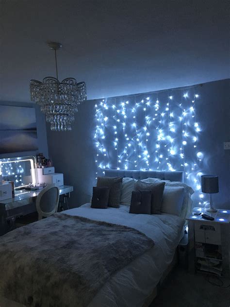 Grey bedroom fairy light feature wall and mood lighting #bedr ...