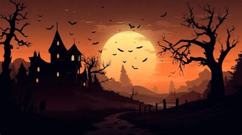 Premium Photo | A halloween night with a silhouette of a house and a full moon.