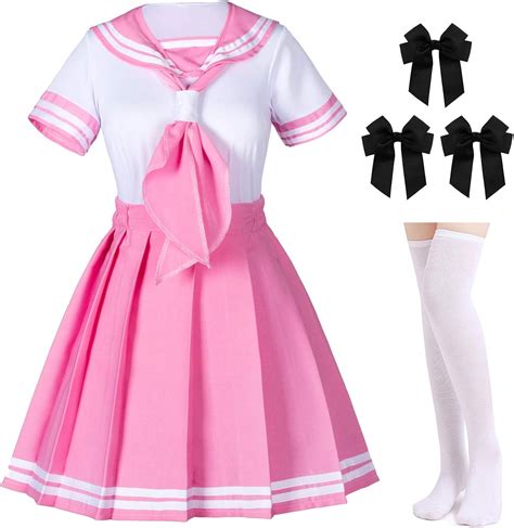 Classic Japanese Anime School Girls Pink Sailor Dress Cosplay Costumes with Socks Hairpin Set ...