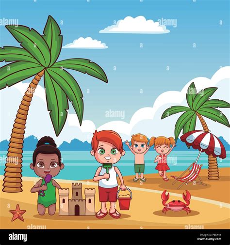 Cute kids playing beach summer cartoon vector illustration graphic ...