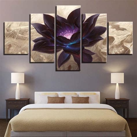 Black Lotus Flower Painting Framed 5 Piece Canvas Wall Art Modular Wall ...