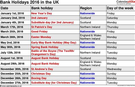 Bank Holidays 2016 in the UK, with printable templates