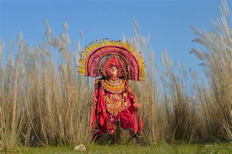 Chhau performer, West Bengal performing in a meadow surrounded by pampas grass - Chhau dance is ...