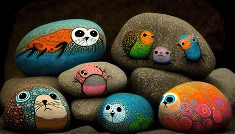 Colorful Rocks Painted With Animals And Birds Background, Pictures Of Painted Rocks Background ...