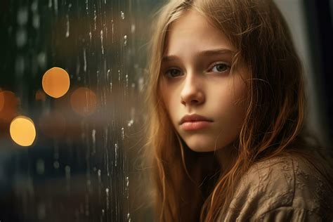 A young girl sad of sit on the edge the window with raindrops on the glass window on a rainy day ...