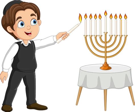 Premium Vector | Happy jewish boy lights hanukkah candles