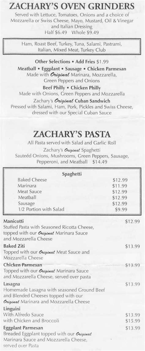 Zachary's Original Menu, Plattsburgh, NY